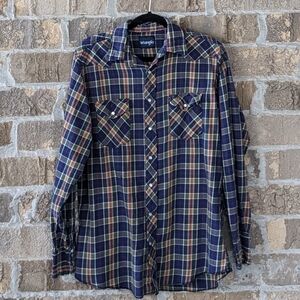Vintage 90s Plaid Western Pearl Snap Long Sleeve Shirt Navy Blue Large